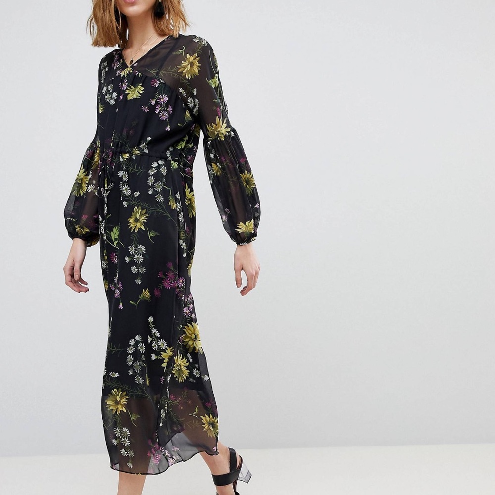 Warehouse Floral Print Balloon Sleeve Midi Dress